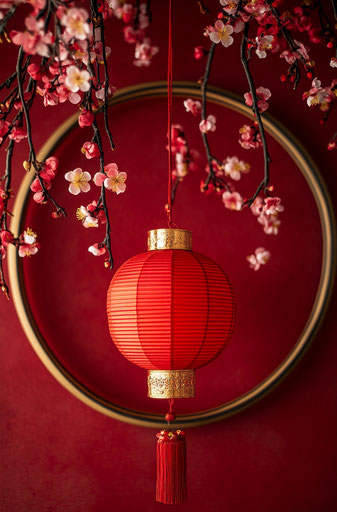 Red lantern with plum blossoms and gold decorations