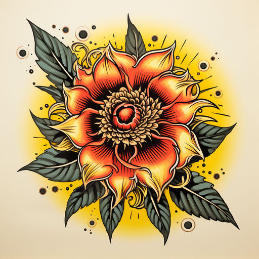 Yellow flower with black and white drawing, dark pink and navy style