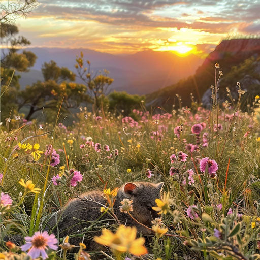 Serene sunrise over the Australian Alps with a mountain pygmy possum nestled among wildflowers.