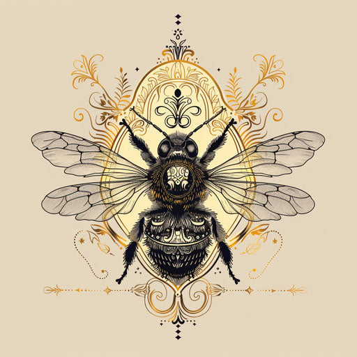 Stylish sketch of a queen bee with gold foil accents