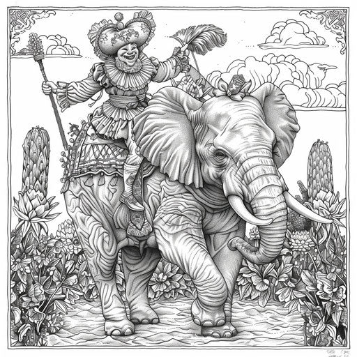 Clown Riding Elephant - Coloring Book Page