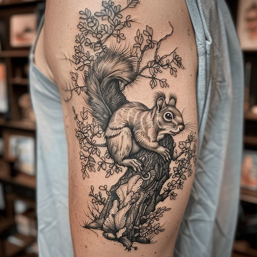 Bold flat tattoo sketch of a squirrel with a dramatic, detailed oak tree backdrop