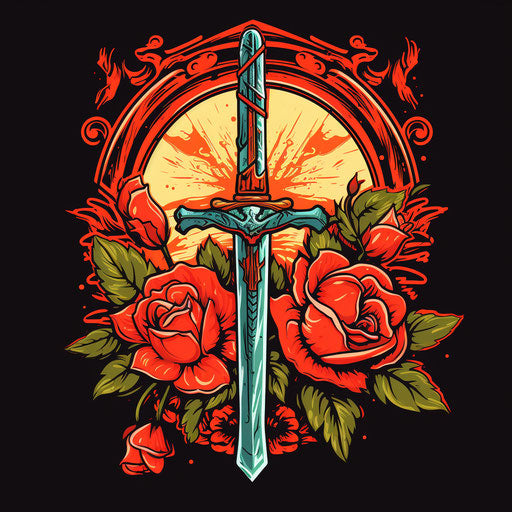 Abstract symbol with sword, rose and roses, traditional style
