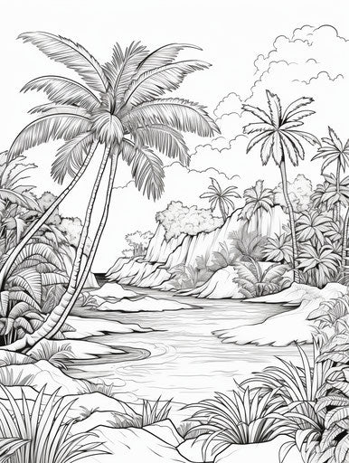 Coloring Page of an Island with a Palm Tree, Lively Style, Iconic 3:4