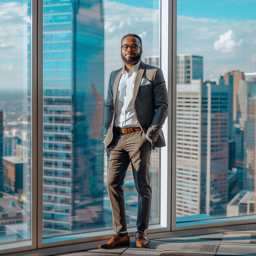 Confident professional in front of panoramic city view