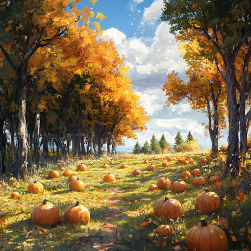 Tranquil pumpkin patch at forest's edge