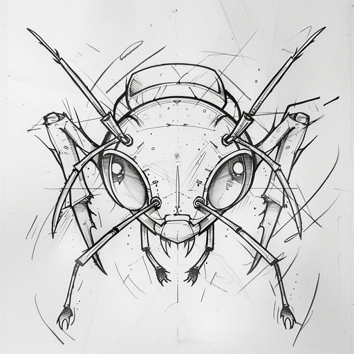 Flat tattoo sketch of an ant in a surrealistic style with bizarre proportions