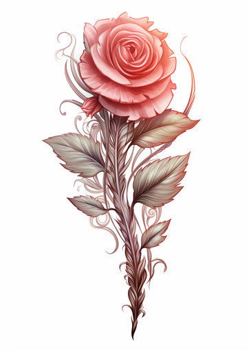 Rose tattoo, detailed feather style, twisted branches, vintage charm