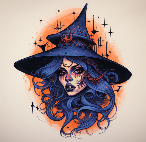 Witch hat tattoos designs tattoos design, rachel maclean style, dark orange and light blue, malcolm liepke, sketchy, colorized, gritty hollywood glamour, light bronze and dark blue 28:27