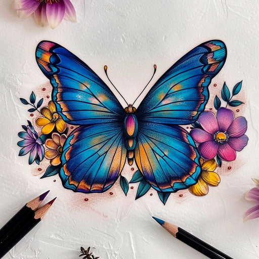 Playful flat tattoo sketch of a blue butterfly