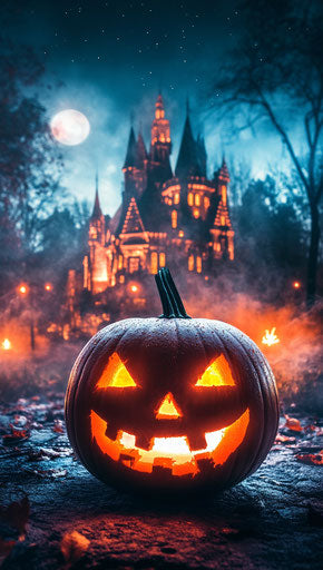 Eerie pumpkin in front of haunted village under the moon