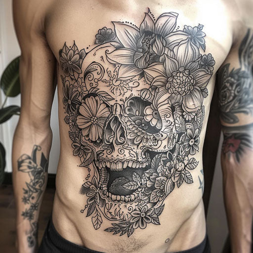 Men's stomach tattoos of a floral skull, in the style of Guy Aitchison