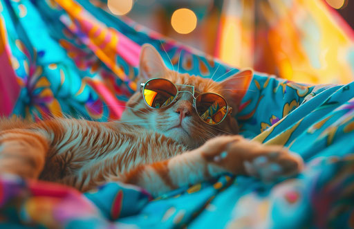 Cat sleeping in hammock with sunglasses and colorful shirt
