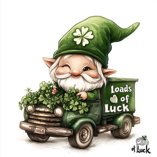St. Patrick's Day, a cute gnome in a green hat with shamrocks on an old truck