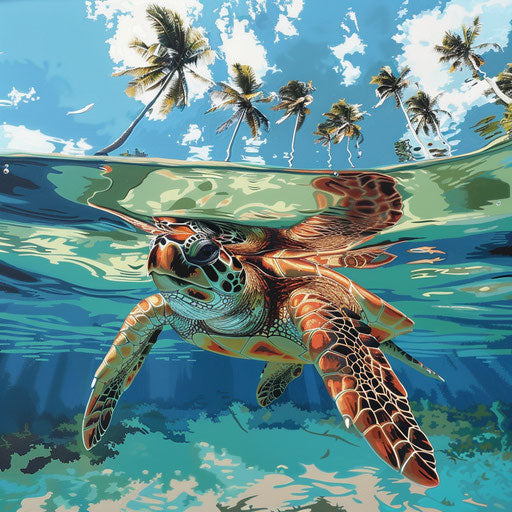 Hawksbill turtle beneath tropical palm reflections