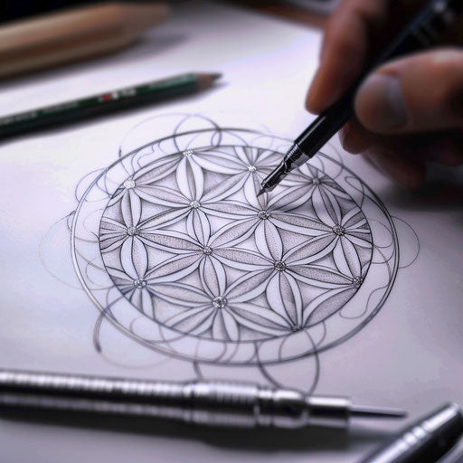 Elegant tattoo sketch of the Flower of Life, fine line work with silver highlights