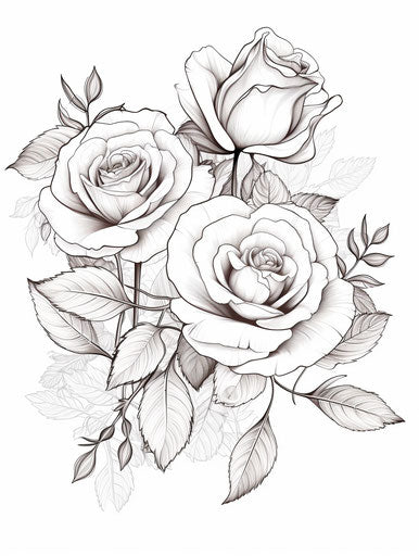 Black and white roses coloring page, tender depiction of nature