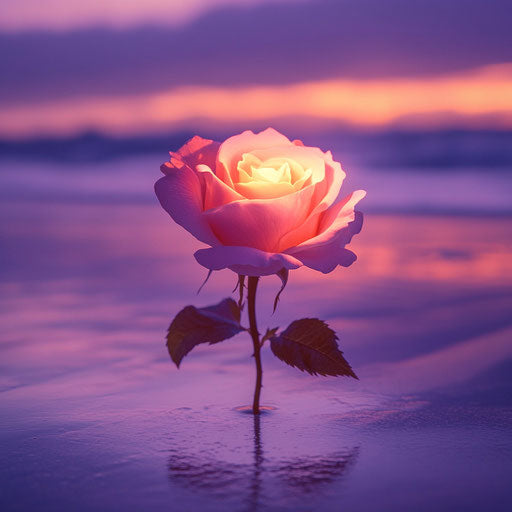 Pink rose glowing on the beach at sunset