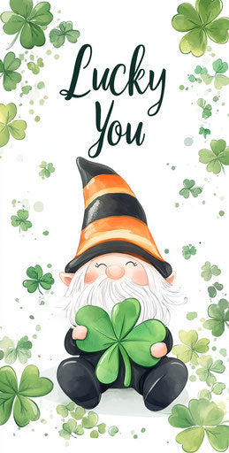 Adorable gnome with green shamrocks and text 'Lucky You'