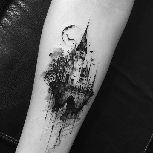 Black gothic tattoo, haunted castle on white