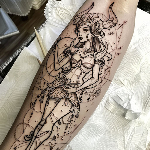 Whimsical flat tattoo sketch of Artemis with cartoon deer