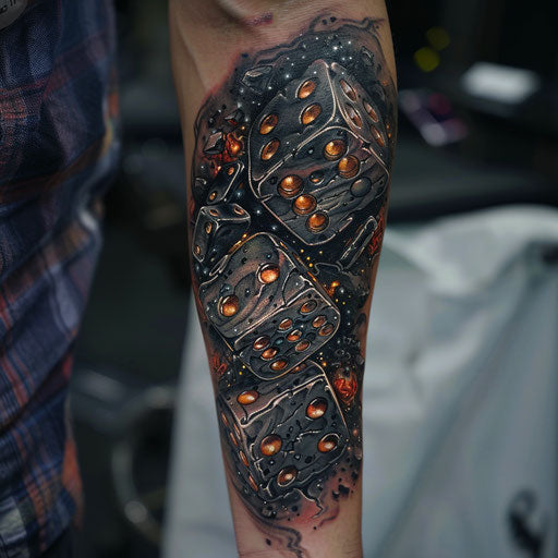 Dice tattoo with sci-fi aesthetics