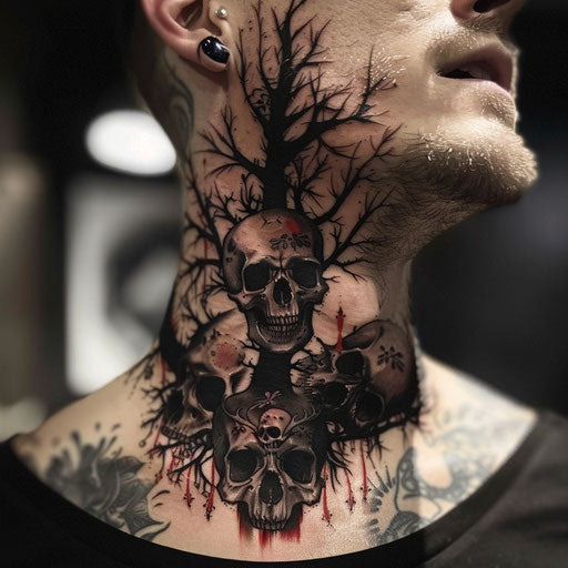Neck tattoo for men with dark, gothic elements and skulls