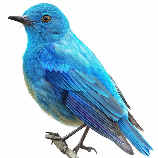 Blue bird drawing in photo realistic style with a random flat background, vibrant tones and enhanced clarity