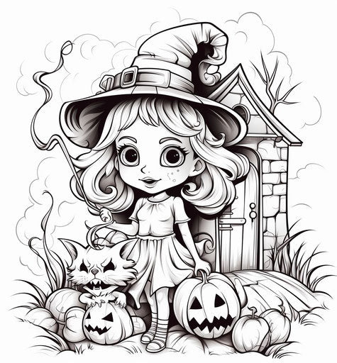 Haunted house coloring pages for kids, witch and ghosts