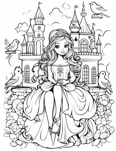 Princess coloring page with princess in front of a castle, kawaii style