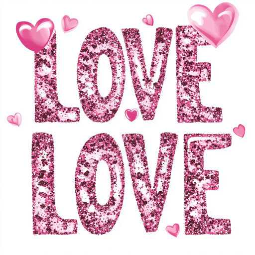 Pink leopard print with pink glittery text 'LOVE' and heart clipart on white background