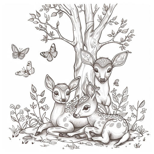 Deer family under a tree with butterflies - Coloring book page