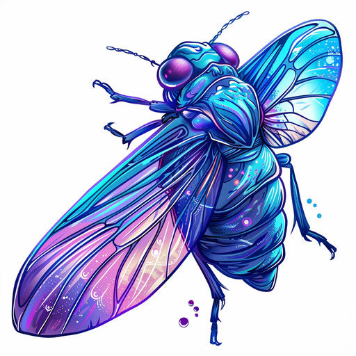 Dynamic tattoo sketch of a cicada with bright blue and purple hues in a flat style