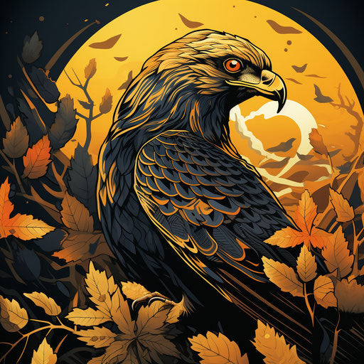 Hawk hand drawn on golden paper, Petros Afshar style