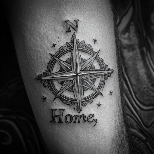 Family tattoos for men, a compass rose pointing towards the word 'Home,' in the style of Peter Jackson