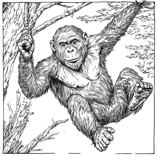 Chimpanzee swinging in trees, in Mark Schultz style, Coloring page