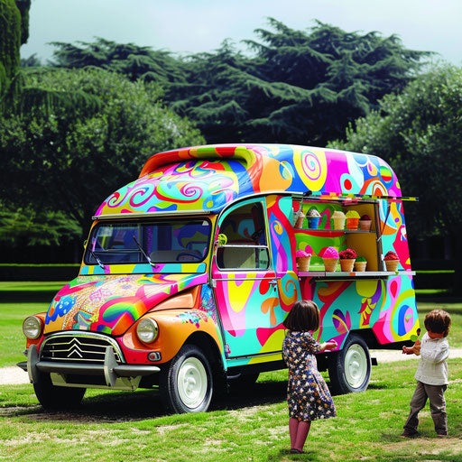 Citroen DS 20 ice cream truck with vibrant colors and patterns, serving children in a park