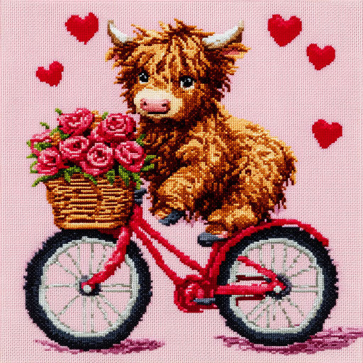 Adorable Highland cow baby on a red bike with basket full of roses, surrounded by hearts, on pink background. Very detailed cross-stitch pattern.
