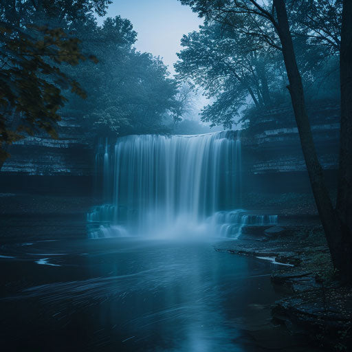 Minnehaha Falls, Minnesota, at dusk with soft, ethereal lighting