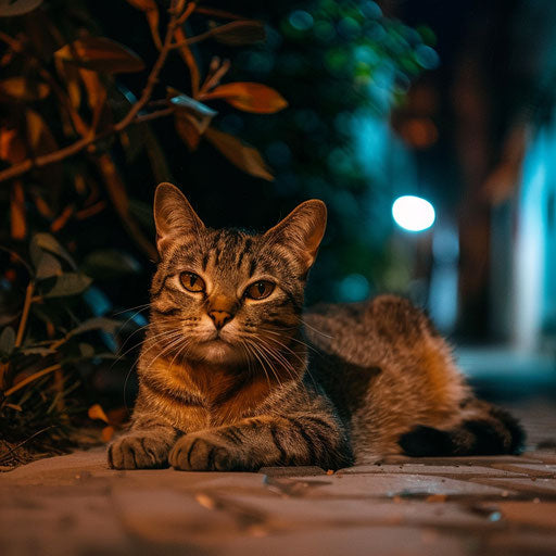 brown cat lying outside at night