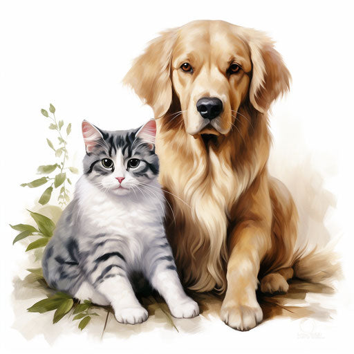Dog and Cat in Oil Painting style on white background