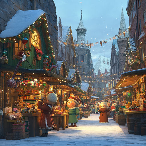 Animated Christmas market with stalls selling hot chocolate and magical trinkets, bustling with cartoon creatures