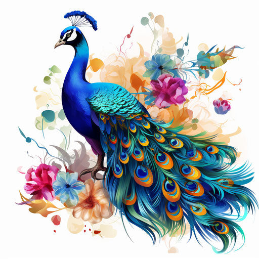 Peacock illustration in the style of Oil painting, on white background