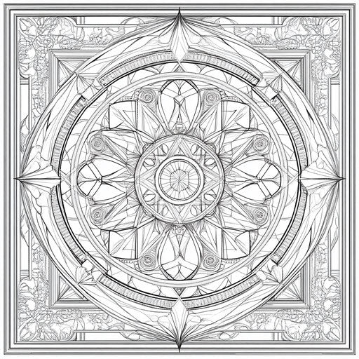A majestic geometric layout with detailed textures, in the style of Gennady Spirin, Coloring book page.