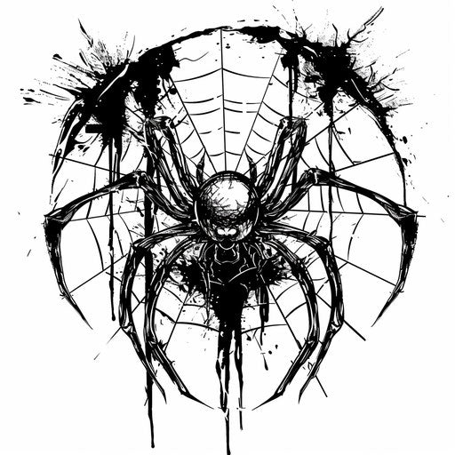 Eerie tattoo design of a spider web with a big spider in the middle, done in bold black and white clipart.