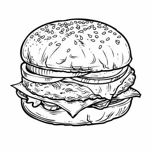 Simple and bold outline of a burger with a bite taken out. Coloring book page