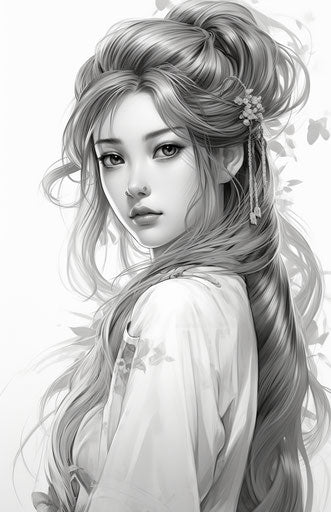 Anime girl with long hair in elaborate kimono