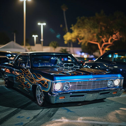 1967 Chevy Bel Air with ghost flames under night lights