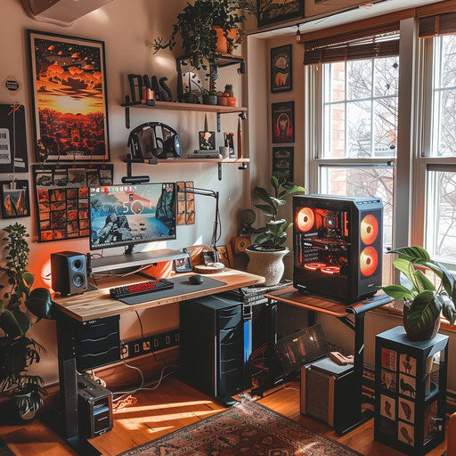 Productive workspace with standing desk and motivational posters