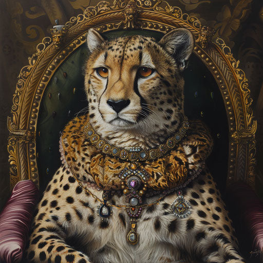 The elegant cheetah on a jewel-adorned throne